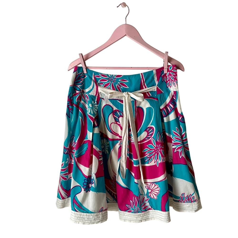 Vintage Fashion Village Cotton A-Line Midi Skirt Pink Teal Psychedelic Pattern